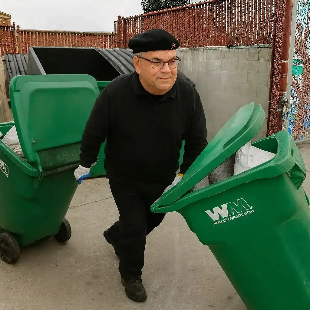 Mann neben Müllfahrzeug